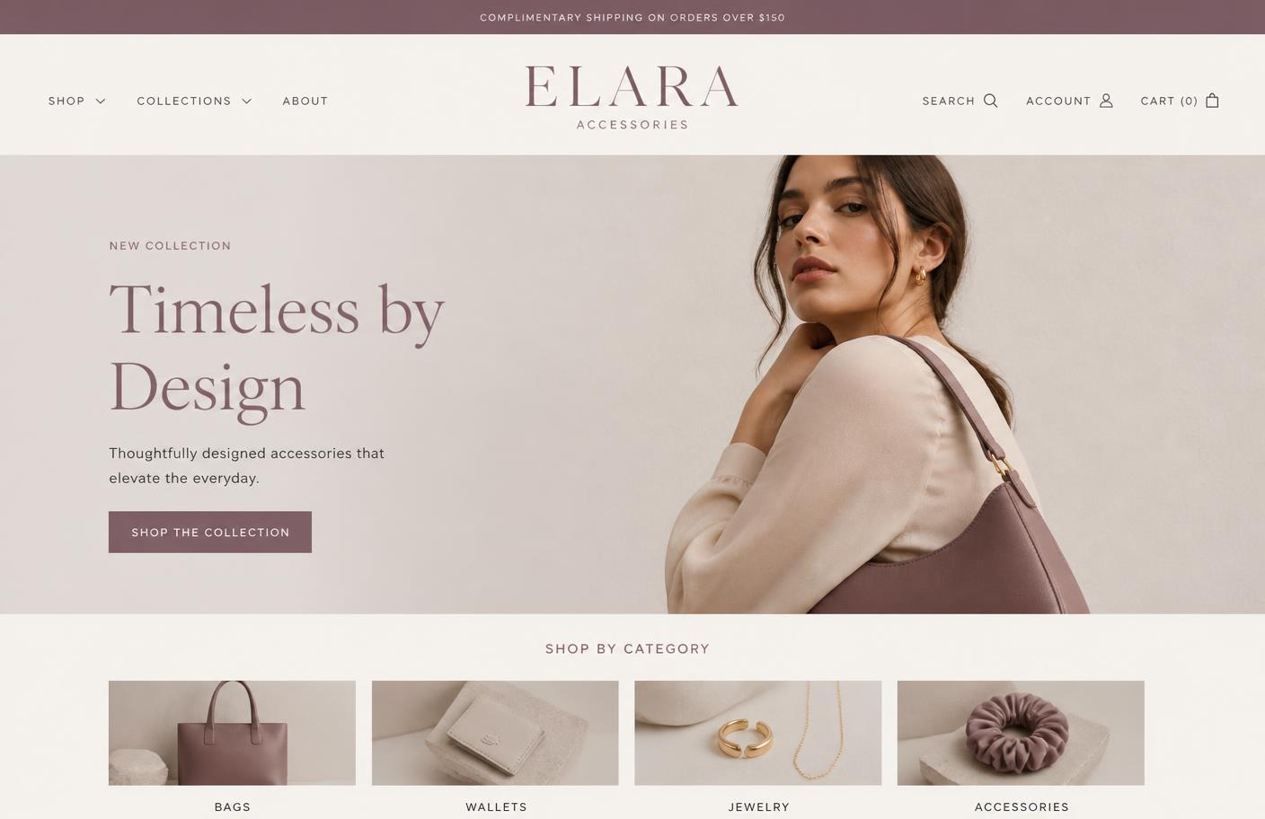Elara Accessories Shopify storefront designed by Eva Nill